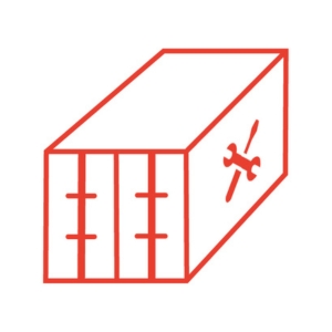 Illustration eines Container. Ansicht von vorne. Seitlich sieht man die Grafik eines Schraubenschlüsseln und Schraubenzieher, welche überkreuzt da liegen.