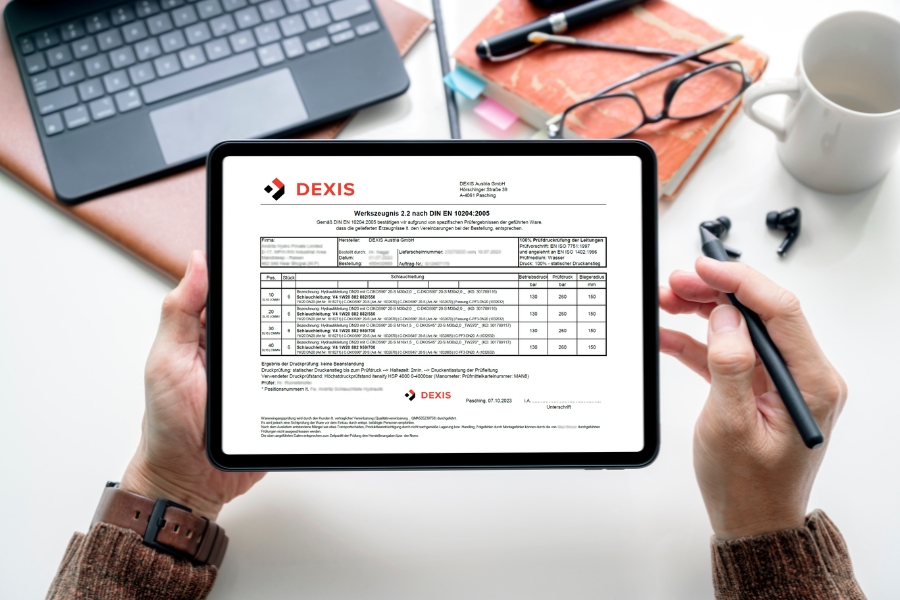 Eine Person hält ein Tablet in beiden Händen, auf dem ein Dokument der Firma DEXIS mit einer Tabelle und Textinhalten angezeigt wird. Die Person trägt eine braune Armbanduhr und hält einen schwarzen Stift in der rechten Hand. Im Hintergrund befinden sich ein Laptop, ein Notizbuch mit Stiften, eine Brille und eine Tasse Kaffee auf einem weißen Schreibtisch. Die Szene vermittelt eine Arbeits- oder Büroumgebung.