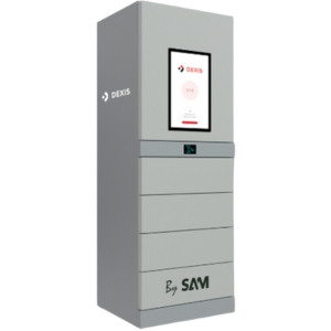 Schließfachautomat von DEXIS mit grauem Gehäuse und DEXIS Raute sowie einem integrierten Bildschirm auf der rechten Seite.