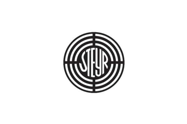 Schwarzes konzentrisches Kreislogo mit dem Wort „STEYR“ in stilisierten Großbuchstaben in der Mitte auf weißem Hintergrund.