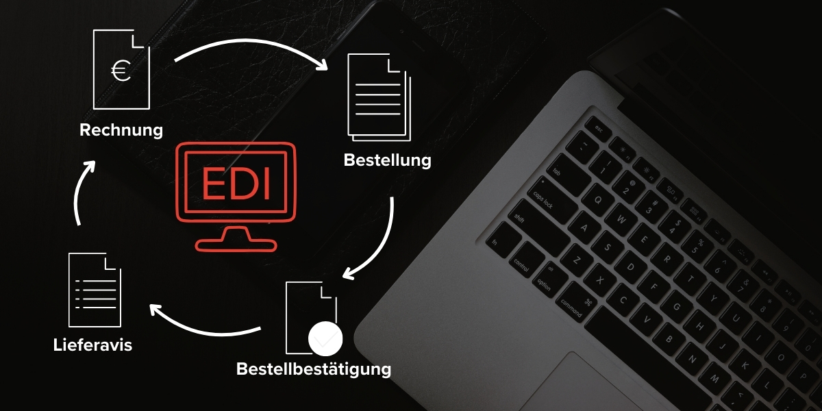 Schema einer EDI-Anbindung von einem dunklen Hintergrund und Laptop