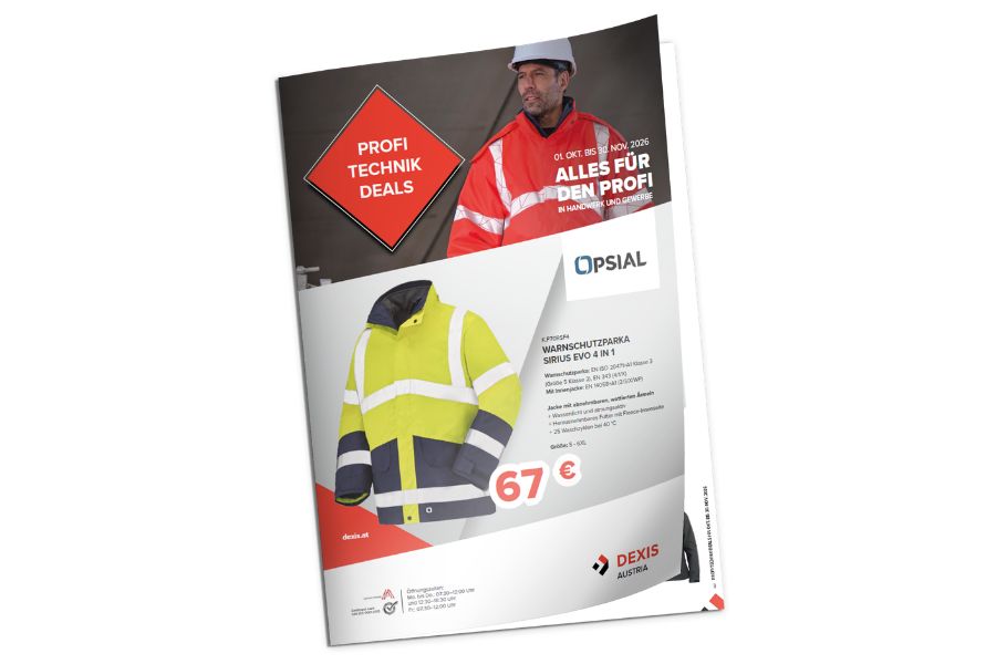 Profi-Technik-Deals Flugblatt im DEXIS Design. Auf dem Cover sieht man einen Man in Arbeitsschutz, darunter ist ein Aktionsprodukt mit Beschreibung und Preis.