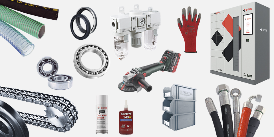 Sammlung von Hydraulikschläuchen, Kugellagern, Akku-Winkelschleifmaschine, Dichtungen, Kettenantrieb, Handschuhe, Druckluftkomponenten, Cockpitspray, Schraubensicherungsmittel, Hydraulikschläuche und ein automatisches Materiallager.