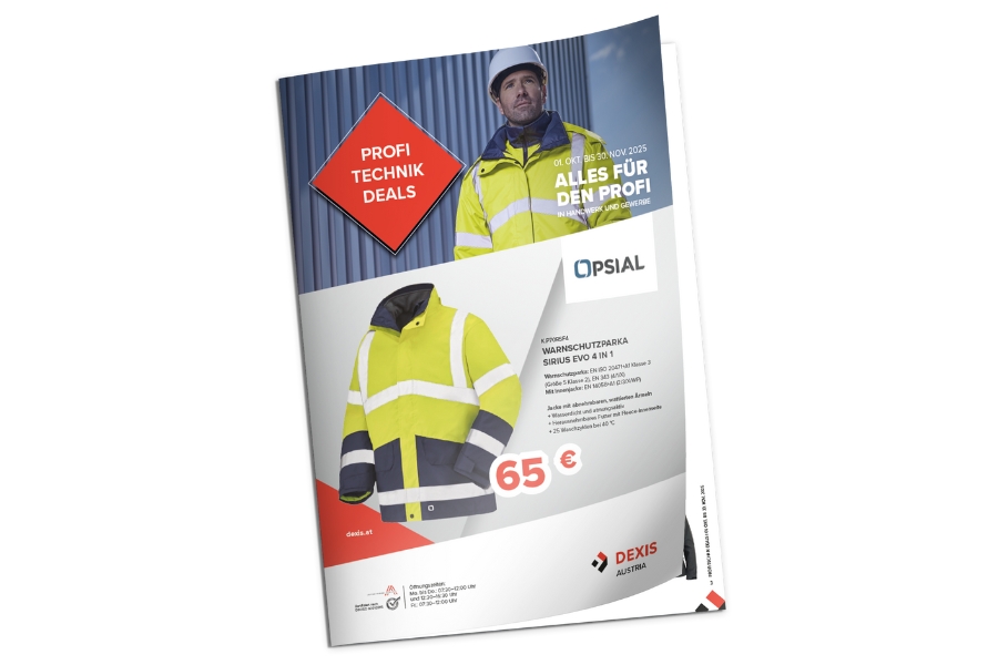Profi-Technik-Deals Flugblatt im DEXIS Design. Auf dem Cover sieht man einen Man in Warnschutz, darunter ist ein Aktionsprodukt mit Beschreibung und Preis.