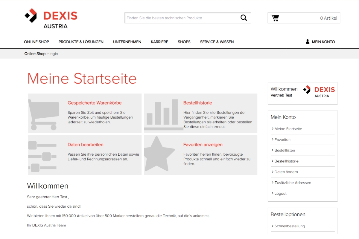 Screenshot der alten DEXIS Austria Shop Startseite. Die Seitenbereiche umfassen Warenkorb, Bestellhistorie, Adressdaten und Favoriten mit Symbolen.