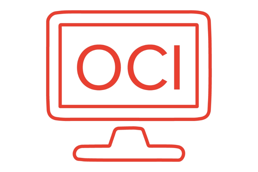 Illustration eines PCs. Auf dem Bildschirmmonitor steht "OCI" in Großbuchstaben.