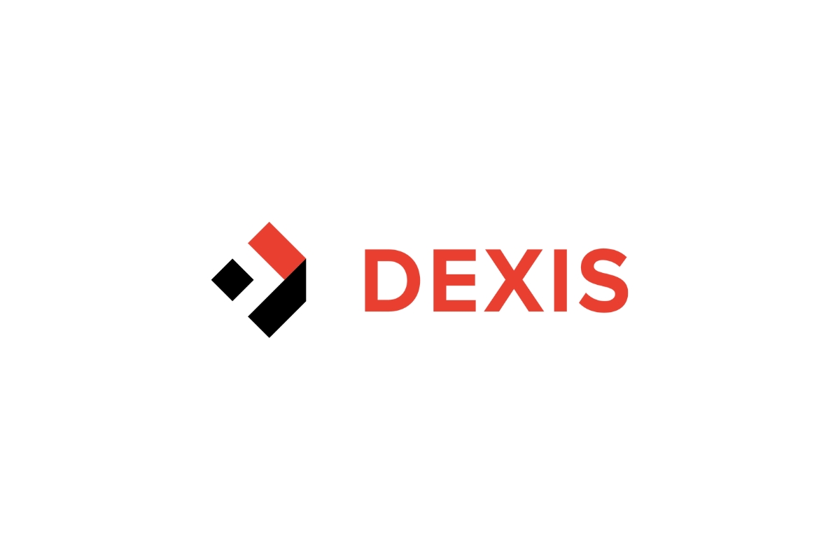 Das Logo von DEXIS besteht aus einem geometrischen Design mit schwarzen und roten Blöcken, die eine abstrakte Form bilden. Daneben steht das Wort „DEXIS“ in fetten roten Buchstaben auf weißem Hintergrund.