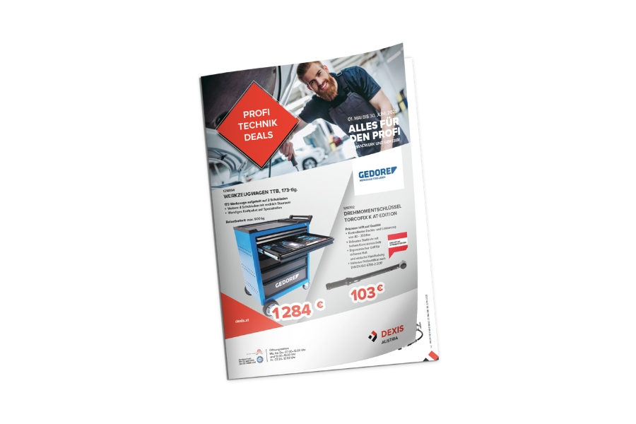Profi-Technik-Deals Flugblatt im DEXIS Design. Auf dem Cover sieht man einen Man in einer Werkstatt, darunter sind zwei Aktionsprodukte mit Beschreibung und Preis.
