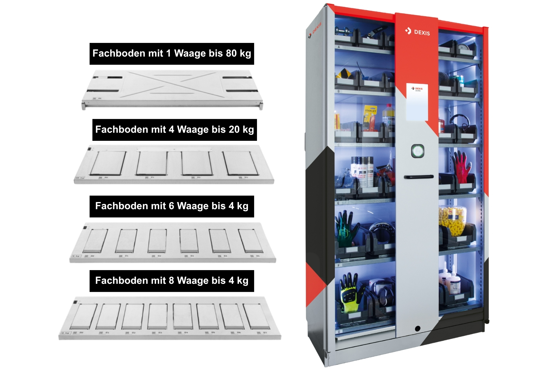 Wiegezellenautomat im DEXIS Design, daneben sieht man die verschieden Fächerbodenvariationen