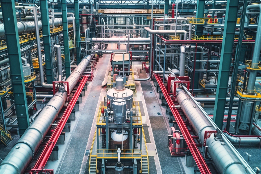 Im Inneren dieser Industrieanlage werden die Produkte für die Industrie ausgestellt. Große Metallrohre, Maschinen und Laufstege sind zu sehen. Silberne Rohre und rot-gelbe Geländer dominieren das Bild. Überirdische Metallträger stützen die Struktur, während natürliches Licht durch die Fenster fällt.
