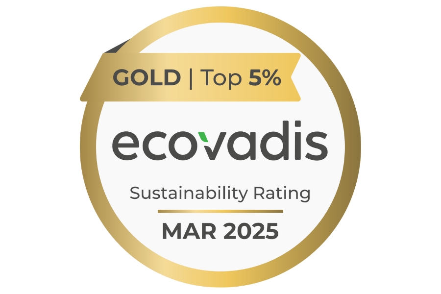 Gold Medaille mit EcoVadis Logo in der Mitte oben steht "Gold | Top 5 %" unter dem Logo steht "Sustainability Rating - Mar 2025"