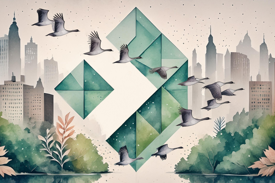 Das DEXIS-Logo erscheint als abstrakte grüne Raute, die schwebend zwischen einem Vogelschwarm vor der Silhouette einer Stadt mit hohen Gebäuden zu sehen ist. Unten sorgen Blattpflanzen und Büsche für eine natürliche Note und verbinden Natur und Stadt zu einem harmonischen Gesamtbild.